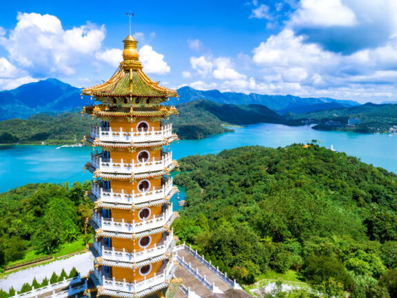 Aerial view of Pa Cien Pagoda with Ita thao pier background in Nantou, Taiwan Pacien pagoda, Sun Moon Lake, Nantou, Taiwan