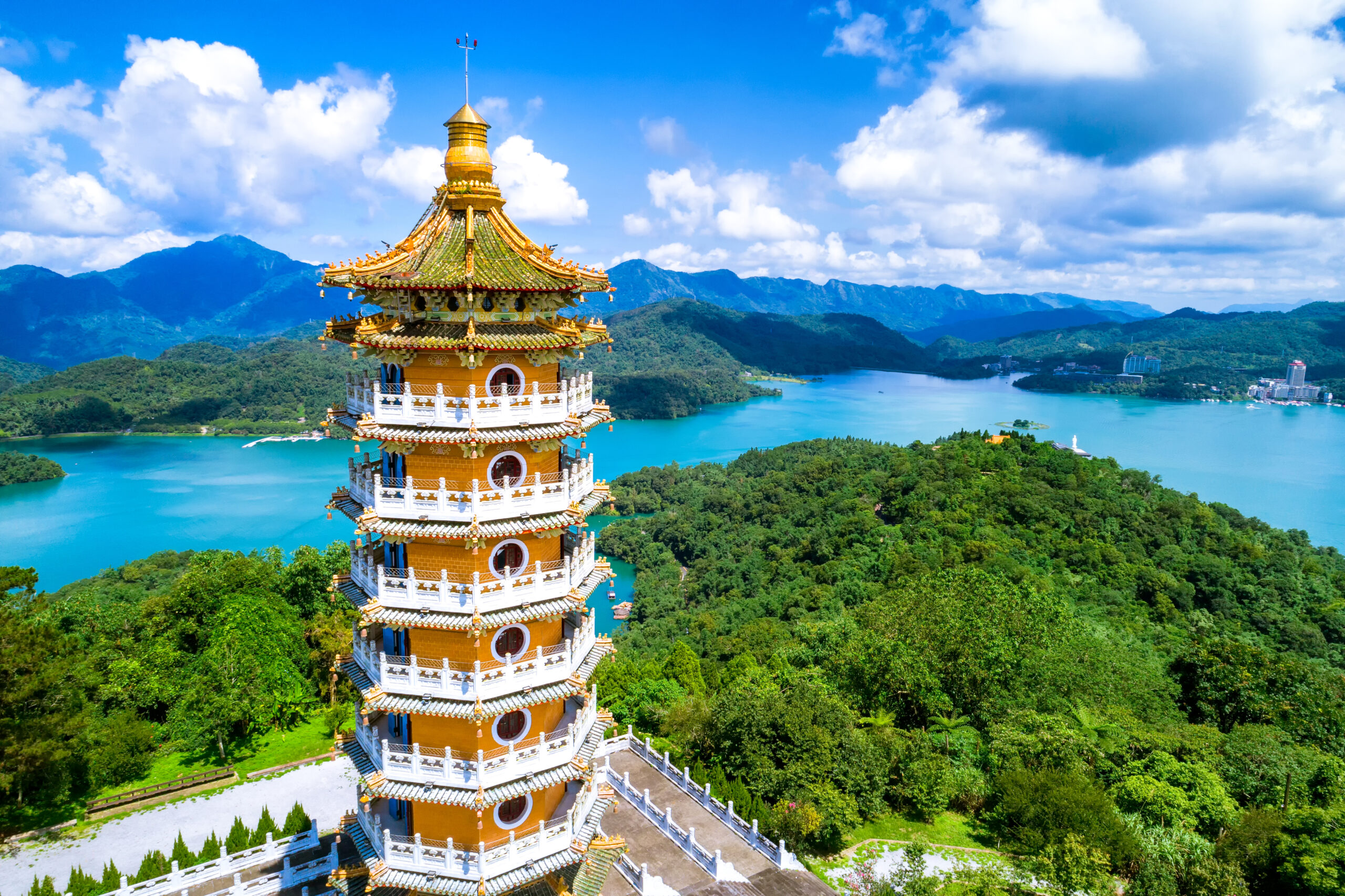 Aerial view of Pa Cien Pagoda with Ita thao pier background in Nantou, Taiwan Pacien pagoda, Sun Moon Lake, Nantou, Taiwan