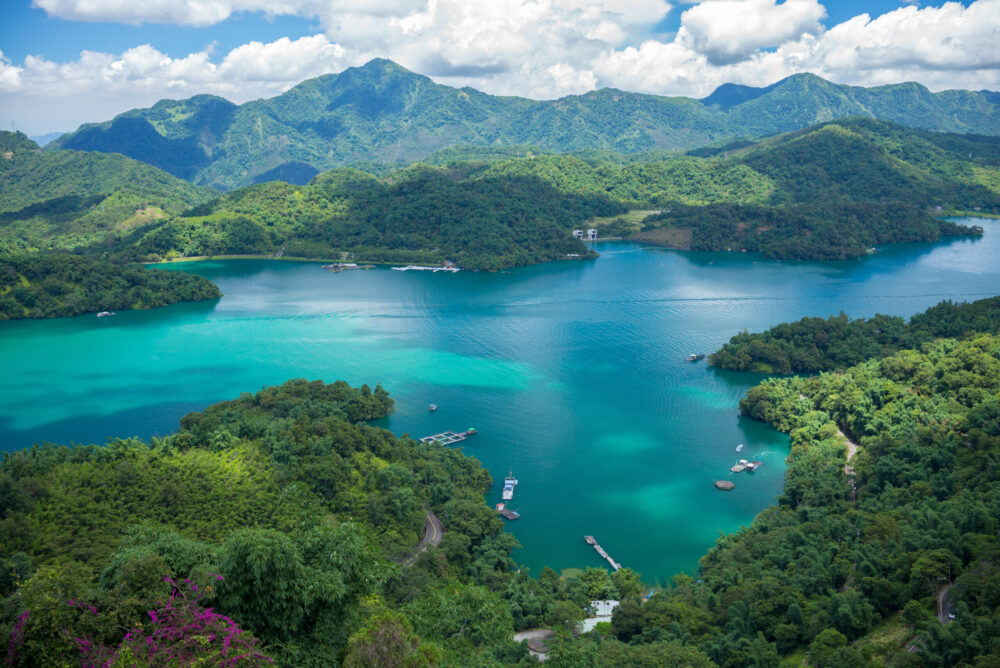 Aerial view of Pa Cien Pagoda with Ita thao pier background in Nantou, Taiwan Pacien pagoda, Sun Moon Lake, Nantou, Taiwan